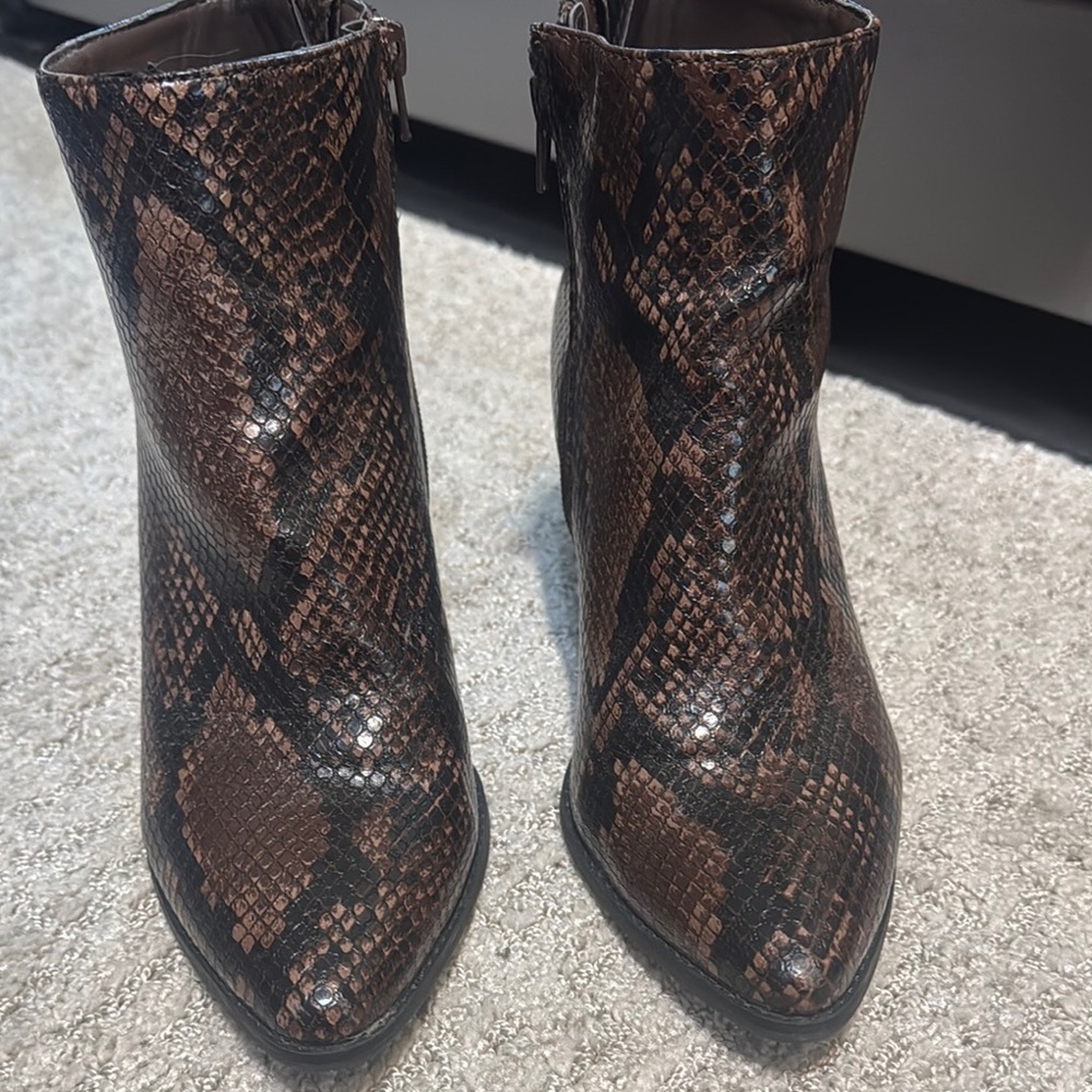 Kaari Blue Snake Print Brown and Black Ankle Booties